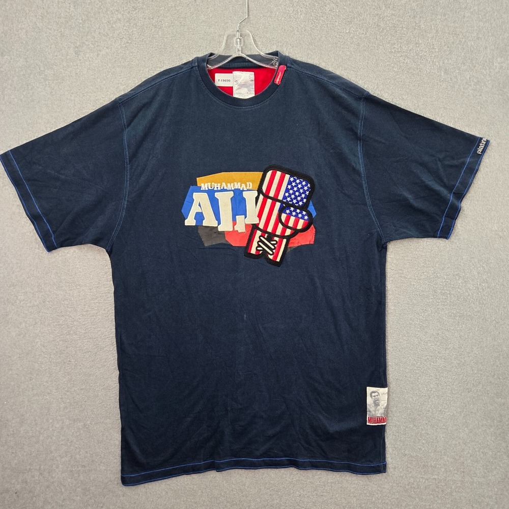 VINTAGE Mahammad Ali Men Shirt XL Blue Logo Patch Boxing Glove USA Y2K Tee